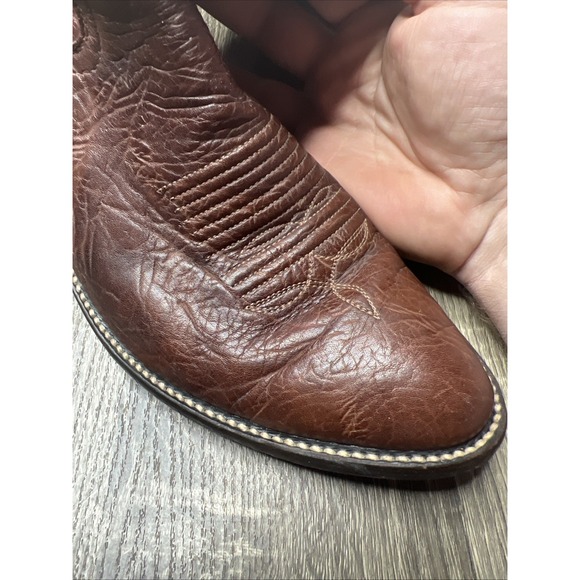 VTG Cowtown Calf Leather Brown Cowboy Boots Size 10.5 Textured Orange Stitching - Picture 8 of 16